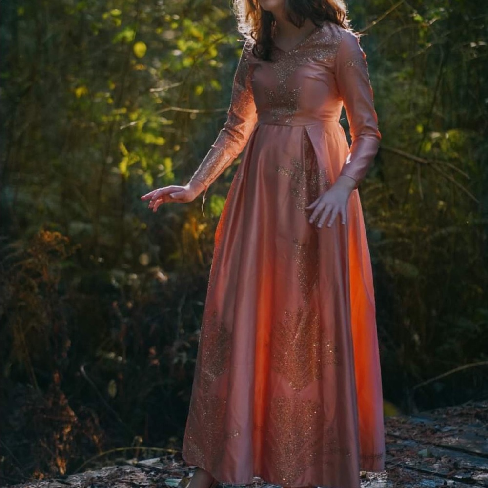 Apricot and gold glittery long gown